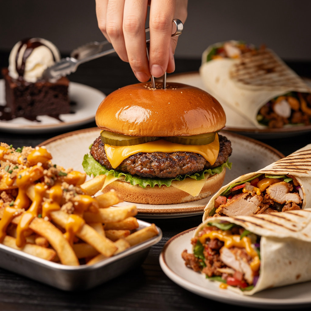 The Smash King signature menu items including smash burgers, fried chicken, loaded fries and king shakes